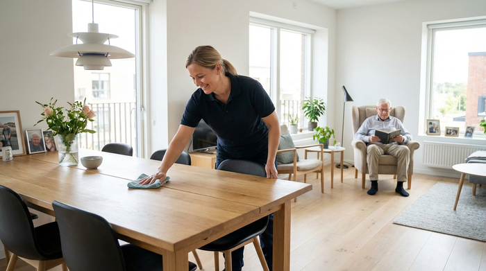 Eine sympathische Reinigungskraft wischt mit einem feuchten Tuch den Esstisch in einer hellen, modernen Seniorenwohnung. Ein älterer Herr sitzt entspannt im Sessel im Hintergrund und liest ein Buch.