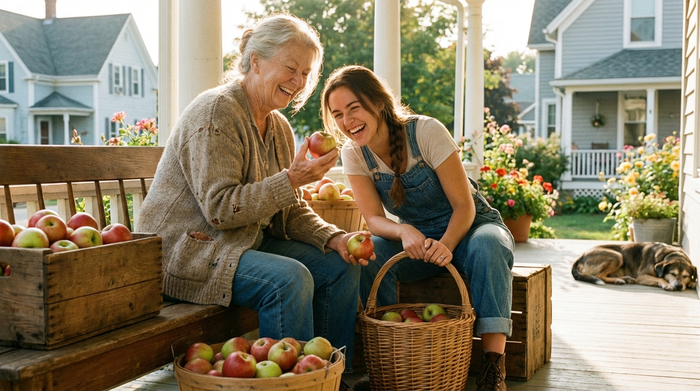 Zwei Frauen unterschiedlichen Alters sitzen lachend gemeinsam auf einer Veranda und sortieren frische Äpfel in einen Korb. Sonniges Wetter, nachbarschaftliche und vertraute Stimmung.