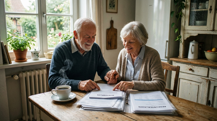 Ein älteres Ehepaar sitzt gemeinsam am Küchentisch und schaut zufrieden auf einige übersichtliche Dokumente. Eine Tasse Kaffee steht auf dem Tisch, das Licht fällt sanft durch das Fenster.
