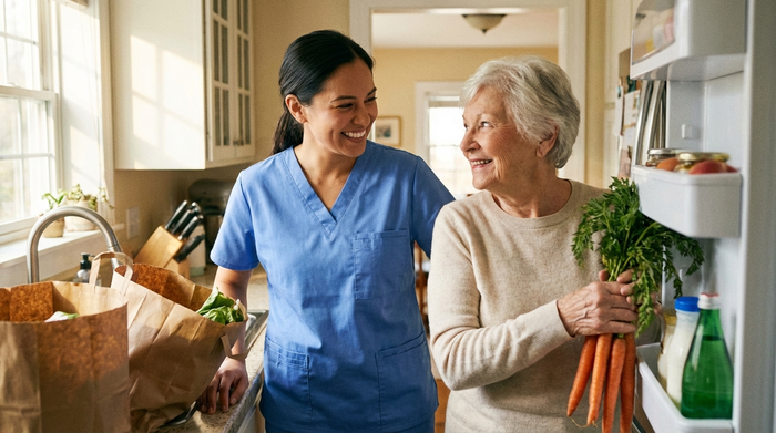 Eine professionelle Pflegekraft in blauer Kleidung hilft einer Seniorin liebevoll beim Einsortieren von frischen Lebensmitteln in den Kühlschrank. Beide lächeln sich freundlich an.