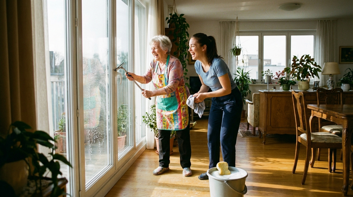 Eine rüstige Seniorin und eine jüngere Reinigungskraft putzen gemeinsam lachend ein großes Fenster in einer sonnendurchfluteten Wohnung. Neben ihnen steht ein Eimer mit sauberem Wasser und einem Schwamm. Fotorealistisch, helle Farben, fröhliche Stimmung.