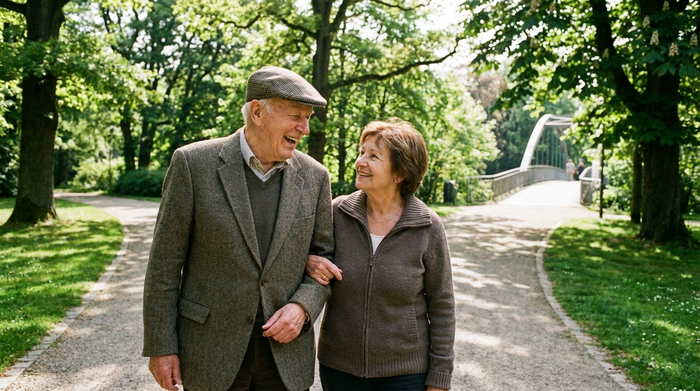 Ein älterer Herr und eine einfühlsame Alltagsbegleiterin spazieren an einem sonnigen Tag durch einen grünen Park in Oberhausen. Sie haken sich unter und unterhalten sich angeregt. Im Hintergrund alte Bäume und ein gepflegter Spazierweg. Realistisch, herzerwärmend.