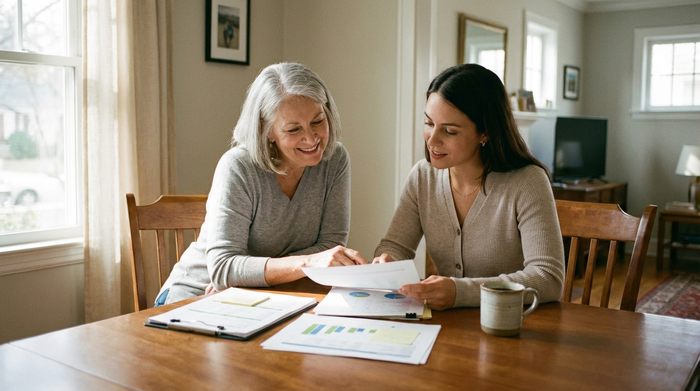 Eine ältere Frau sitzt entspannt am Esstisch und schaut sich gemeinsam mit einer Beraterin Dokumente an. Auf dem Tisch liegen übersichtliche Papiere ohne lesbaren Text und eine Tasse Kaffee. Die Atmosphäre ist vertrauensvoll und professionell.
