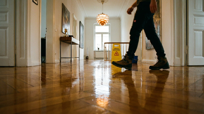 Ein glänzender, frisch gewischter Parkettboden in einem stilvollen Flur. Im Hintergrund sieht man unscharf eine Person, die sicher und mit festem Schuhwerk durch den Raum geht. Sauberkeit und Sicherheit stehen im Fokus, realistische Beleuchtung.