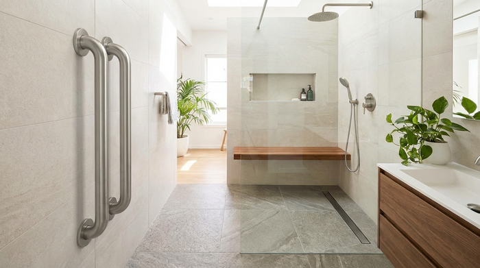 Eine moderne, barrierefreie Dusche mit einem sicheren Haltegriff und einem rutschfesten Boden in einem hellen, eleganten Badezimmer. Hochwertige Ausstattung, saubere Fliesen, einladendes und sicheres Design.