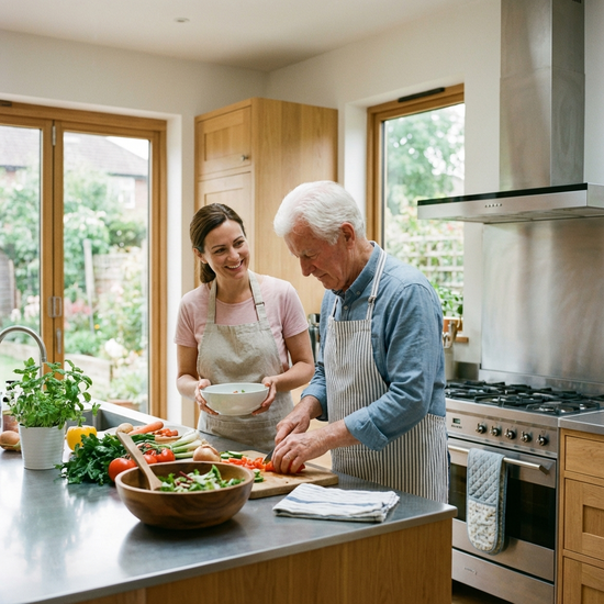Eine aufmerksame Betreuungskraft hilft einem älteren Herrn beim Zubereiten eines frischen Salats in einer sauberen, modernen Küche.