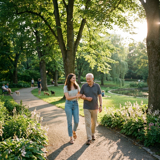 Zwei Personen spazieren entspannt durch einen grünen Park an einem sonnigen Nachmittag, die jüngere Frau stützt den älteren Mann sanft.