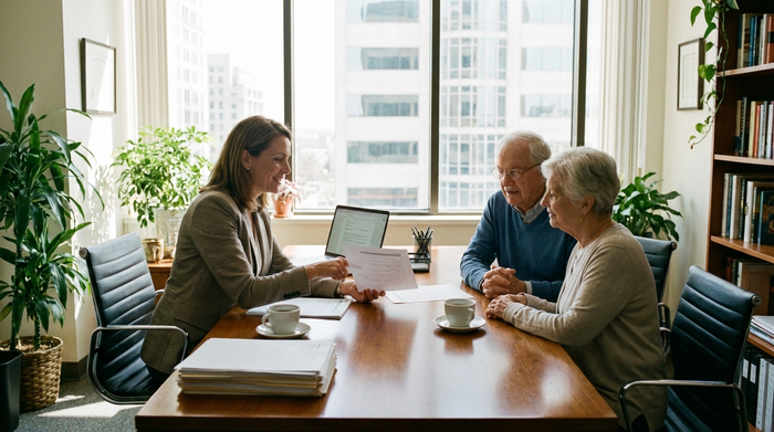 Eine professionelle Beraterin sitzt mit einem älteren Ehepaar an einem Schreibtisch und bespricht geduldig Dokumente in einem hellen Büro.