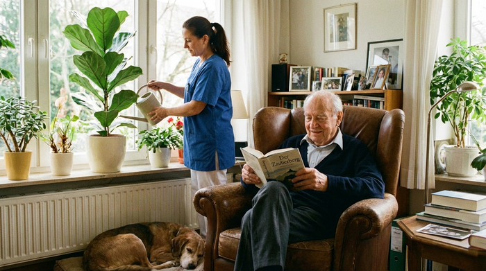 Ein älterer Herr sitzt entspannt in einem bequemen Sessel und liest ein Buch, während im Hintergrund eine Pflegekraft Zimmerpflanzen gießt.