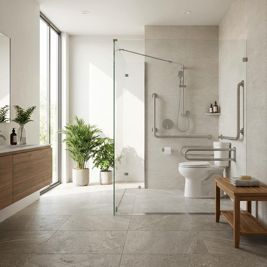 Ein modernes, helles Badezimmer mit einer ebenerdigen Dusche, stabilen Haltegriffen an den Wänden und einem rutschfesten Fliesenboden.