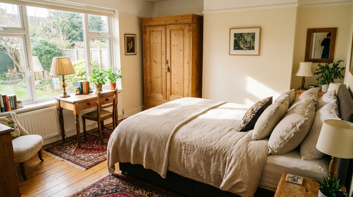 Ein gemütlich eingerichtetes, helles Gästezimmer mit einem bequemen Bett, einem Holzschrank und einem kleinen Schreibtisch am Fenster.