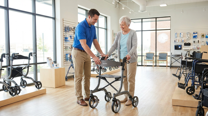 Ein freundlicher Berater in einem modernen Sanitätshaus zeigt einer Seniorin einen Rollator. Helle Beleuchtung, saubere Umgebung, professionelle und empathische Atmosphäre.