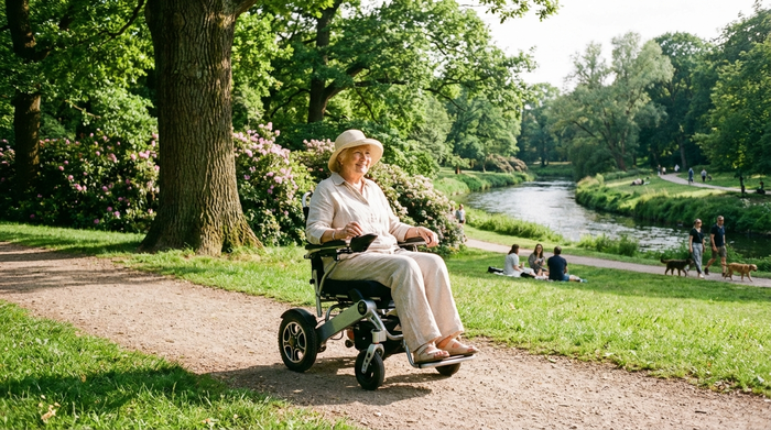 Eine ältere Dame fährt an einem sonnigen Tag mit einem modernen Elektrorollstuhl durch einen grünen Park. Entspannte Stimmung, klare Umgebung, keine Schilder oder Texte.