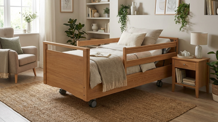 Ein modernes, höhenverstellbares Pflegebett in einem gemütlich eingerichteten Schlafzimmer. Hochwertige Holzoptik, aufgeräumte und beruhigende Atmosphäre, realistische Details.