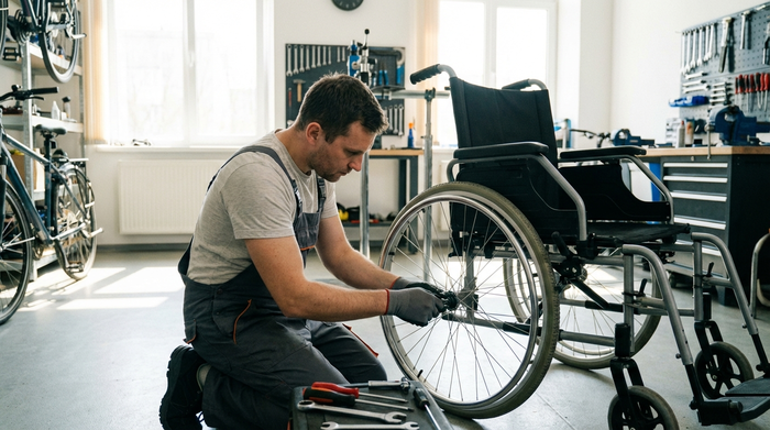 Ein Techniker in Arbeitskleidung repariert sorgfältig das Rad eines Rollstuhls in einer hellen Werkstatt. Werkzeuge liegen ordentlich bereit, fokussierte Arbeitssituation.