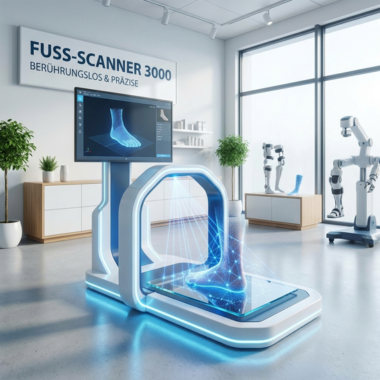 Ein moderner, leuchtender 3D-Fußscanner in einem hellen, sauberen Sanitätshaus. Ein Fußabdruck wird mit blauem Licht berührungslos und präzise abgetastet, hochtechnologische und hygienische Umgebung.