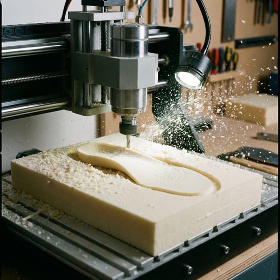 Eine computergesteuerte CNC-Fräse formt präzise eine orthopädische Einlage aus einem hellen Schaumstoffblock. Fliegende Späne, fokussiertes Licht, handwerkliche und technische Präzision im Fokus.