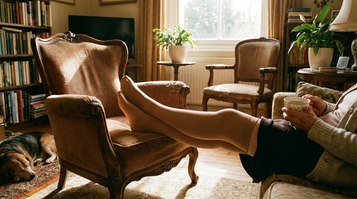 Die Beine einer älteren Dame, die bequeme, hautfarbene Kompressionsstrümpfe trägt, ruhend auf einem weichen Sessel in einem gemütlichen Wohnzimmer. Sanftes Sonnenlicht fällt durch das Fenster und sorgt für eine entspannte Atmosphäre.