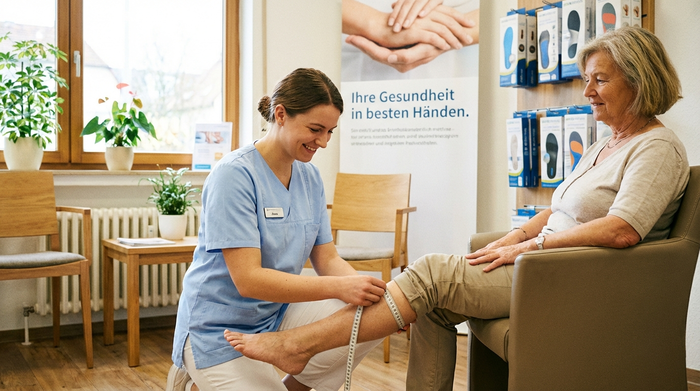 Eine freundliche, professionelle Mitarbeiterin eines Sanitätshauses kniet mit einem flexiblen Maßband neben einer älteren Kundin und misst sorgfältig den Unterschenkel. Helle, vertrauensvolle und empathische Beratungsatmosphäre.
