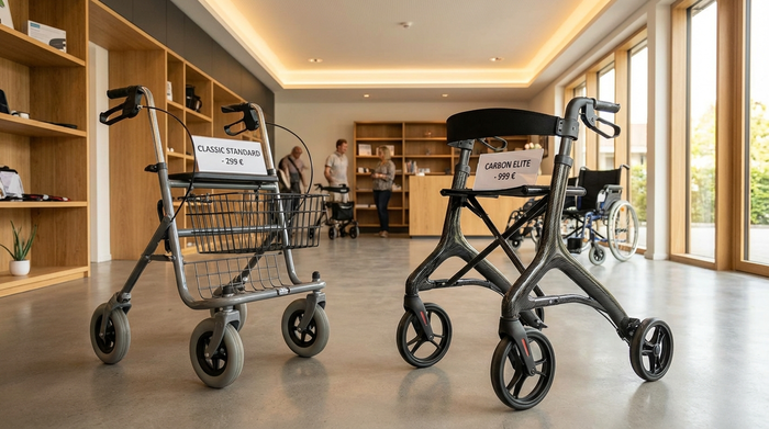Zwei Rollatoren im direkten Vergleich in einem modernen Verkaufsraum. Links ein klassischer, solider Standard-Rollator aus Metall, rechts ein ultraleichtes, elegantes Premium-Modell aus dunklem Carbon. Angenehme Beleuchtung, sauberes Umfeld.