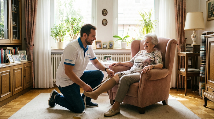 Ein freundlicher Mitarbeiter eines Sanitätshauses misst im gemütlichen, sonnendurchfluteten Wohnzimmer einer Seniorin fachgerecht das Bein für Kompressionsstrümpfe aus. Die Seniorin sitzt entspannt auf einem bequemen Sessel.