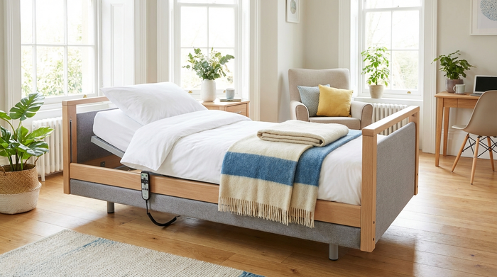 Ein modernes, elektrisch verstellbares Pflegebett steht in einem hellen, freundlich eingerichteten Schlafzimmer. Auf dem frisch bezogenen Bett liegt eine gefaltete Kuscheldecke. Ein großes Fenster lässt viel Tageslicht herein.