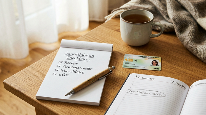 Ein ordentlich arrangierter Tisch mit einer Checkliste, einem Stift, einer elektronischen Gesundheitskarte und einem Kalender. Alles liegt bereit für den bevorstehenden Besuch im Sanitätshaus. Warme, einladende Atmosphäre.