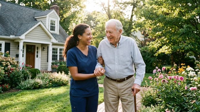 Eine liebevolle Pflegekraft stützt einen älteren Herrn beim Spaziergang durch den eigenen, gepflegten Vorgarten. Sonniges Tageslicht, realistische Szene, Fokus auf Vertrauen und Unterstützung, keine Texteingaben.