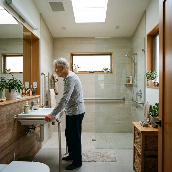 Ein helles, modern umgebautes, barrierefreies Badezimmer mit einer ebenerdigen Dusche und stabilen Haltegriffen an der Wand. Ein älterer Mann steht sicher am Waschbecken. Realistische Wohnszene, keine Texte.