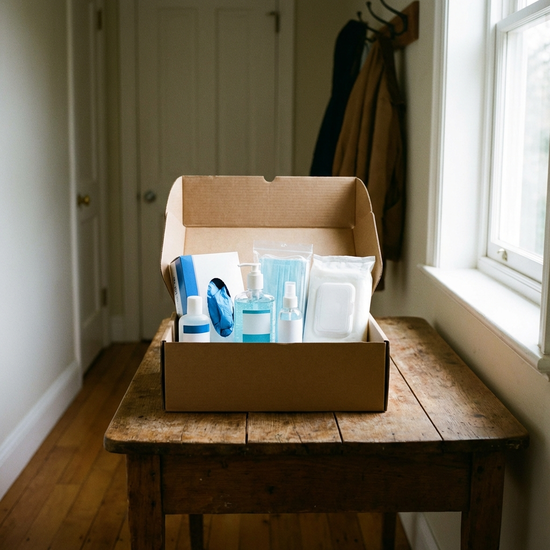 Ein ordentliches Paket mit Pflegehilfsmitteln wie Einmalhandschuhen und Desinfektionsmittel steht auf einem Holztisch in einem Flur. Realistische, saubere Darstellung ohne lesbare Etiketten oder Texte.