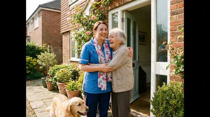 Eine freundliche Pflegekraft steht lächelnd an der geöffneten Haustür eines Einfamilienhauses und wird von einer älteren Frau herzlich begrüßt. Helles Tageslicht, einladende Atmosphäre, keine Schriftzüge.