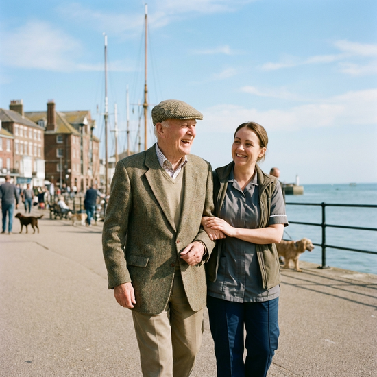 Ein gepflegter älterer Herr spaziert an einem sonnigen Tag an einer Uferpromenade, begleitet von einer fürsorglichen Pflegekraft. Im Hintergrund ist leicht verschwommen maritime Architektur erkennbar. Entspannte, fröhliche Stimmung, realistische Szene.
