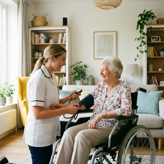 Eine Pflegekraft misst sanft den Blutdruck einer lächelnden Seniorin im Rollstuhl im heimischen, gut beleuchteten Wohnzimmer. Professionelle und empathische Interaktion, saubere und aufgeräumte Umgebung.