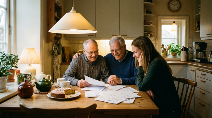 Ein älteres Ehepaar sitzt gemeinsam mit einer jüngeren Frau über einem Stapel Dokumente am heimischen Küchentisch. Sie wirken erleichtert und lächeln. Warme Beleuchtung, aufgeräumte Szenerie, keine lesbaren Texte auf den Papieren.