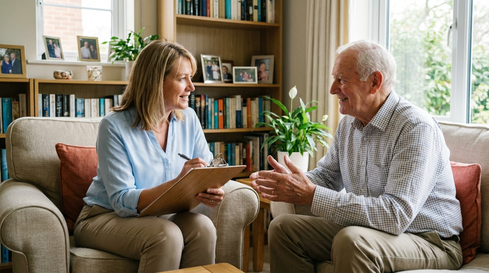 Eine sympathische Pflegedienstleitung im Gespräch mit einem Senior in dessen Wohnzimmer. Sie sitzen auf bequemen Sesseln, die Pflegedienstleitung macht sich Notizen auf einem neutralen Klemmbrett. Vertrauensvolle und offene Körpersprache.