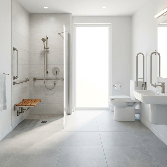 Ein modernes, helles und barrierefreies Badezimmer mit einer bodengleichen Dusche, eleganten Haltegriffen an den Wänden und einem klappbaren Duschsitz. Sauber, rutschfeste Fliesen, sichere Umgebung für Senioren.