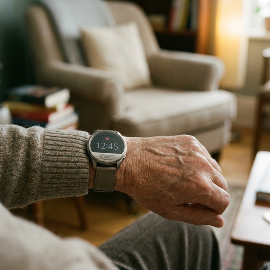 Ein unauffälliger, moderner Hausnotruf-Sender, der wie eine elegante Uhr am Handgelenk eines älteren Menschen getragen wird. Fokus auf das Handgelenk, verschwommener Hintergrund eines gemütlichen Wohnzimmers.