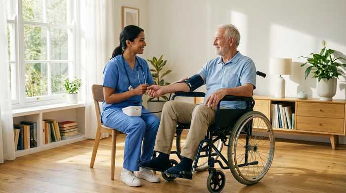 Eine professionelle Pflegekraft in blauer Dienstkleidung misst bei einem älteren Herrn im Rollstuhl den Blutdruck. Helles, aufgeräumtes Wohnzimmer, vertrauensvoller Blickkontakt zwischen beiden. Hochwertige Fotografie, realistisch, ohne Text.