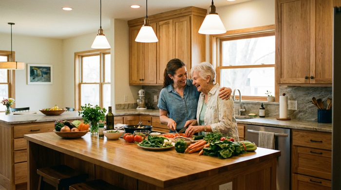 Eine engagierte Betreuungskraft und eine lächelnde Seniorin kochen gemeinsam in einer sauberen, modernen Küche. Auf dem Tisch liegen frisches Gemüse und Kräuter. Warme Beleuchtung, authentische und fröhliche Interaktion.