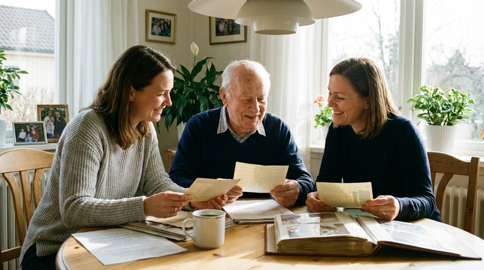 Zwei erwachsene Töchter sitzen mit ihrem alten Vater am Esstisch und besprechen liebevoll Dokumente. Eine Tasse Kaffee steht auf dem Tisch. Entspannte, unterstützende Familienatmosphäre, helles Tageslicht.