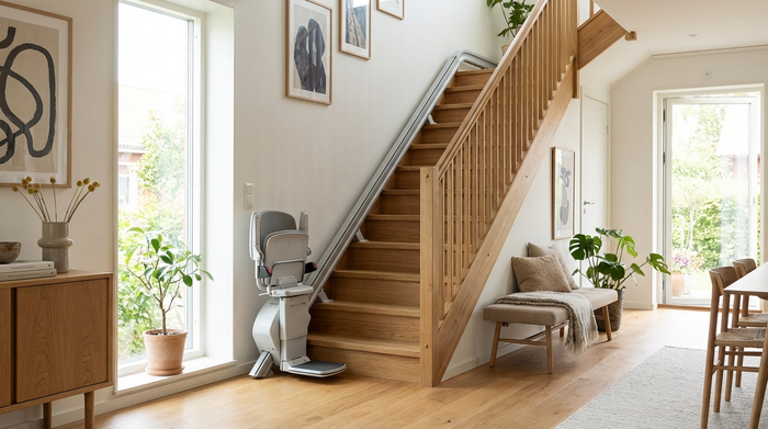 Eine gepflegte Holztreppe in einem Einfamilienhaus, auf der ein moderner, unauffälliger Treppenlift installiert ist. Das Haus ist lichtdurchflutet und stilvoll eingerichtet. Realistische Darstellung, sauberer und sicherer Eindruck.