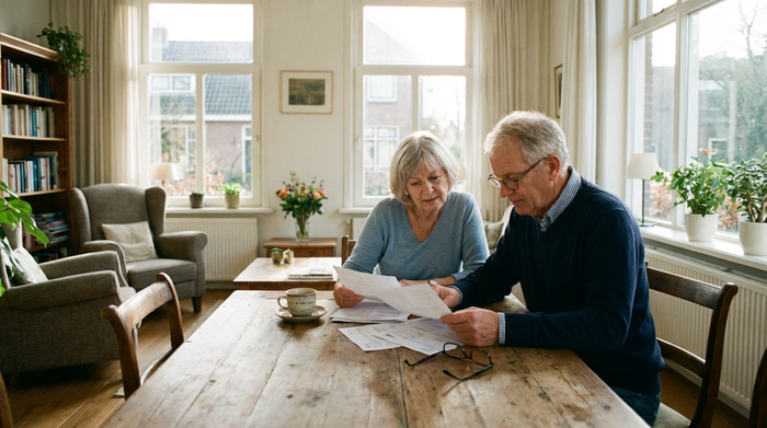 Ein älteres Ehepaar sitzt gemeinsam an einem Holztisch in einem hellen Wohnzimmer und betrachtet konzentriert, aber entspannt einige Papiere. Eine Kaffeetasse steht auf dem Tisch. Natürliches Licht, realistische Szene, ordentliches Umfeld ohne lesbaren Text.