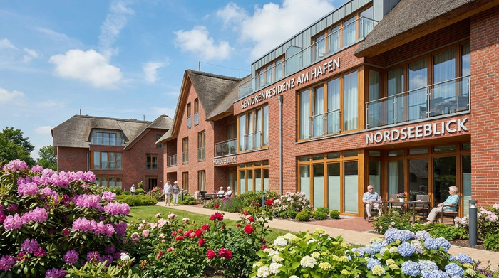 Eine detailreiche Außenaufnahme eines modernen, einladenden Seniorenwohnheims in Norddeutschland mit roter Backsteinfassade. Gepflegte Grünanlagen mit blühenden Sträuchern im Vordergrund, blauer Himmel, sonniges Wetter, realistische Architekturfotografie.