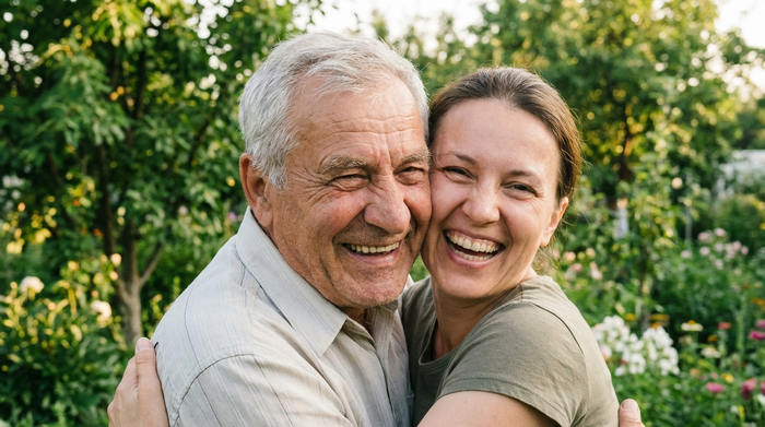 Eine erwachsene Tochter umarmt ihren älteren Vater liebevoll im Garten. Beide lachen befreit und wirken glücklich. Im Hintergrund sind grüne Bäume zu sehen, harmonische Atmosphäre. Authentische, emotionale Porträtaufnahme bei weichem Tageslicht.