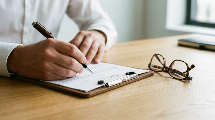 Eine Nahaufnahme von Händen, die mit einem eleganten Kugelschreiber ein Formular auf einem Klemmbrett ausfüllen. Daneben liegt eine Lesebrille auf einem aufgeräumten Schreibtisch aus Eichenholz. Klare, professionelle Umgebung ohne erkennbare Schriftzüge.
