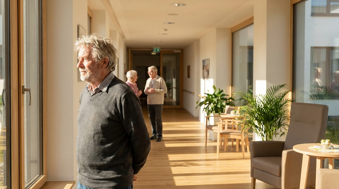 Ein älterer Herr mit grauem Haar blickt nachdenklich aus einem großen Fenster in einem hellen, freundlichen Flur eines modernen Seniorenheims. Warme Sonnenstrahlen erhellen den sauberen Raum.