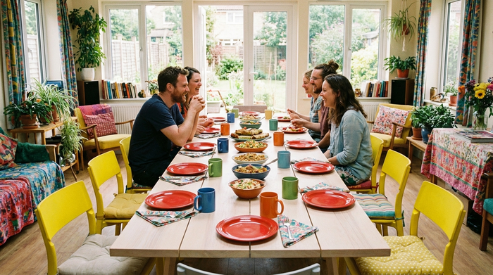 Ein farbenfroh gedeckter Esstisch in einem hellen Gemeinschaftsraum. Rote Teller und farblich abgesetzte Tassen stehen auf einem hellen Holztisch, umgeben von gemütlichen, gelben Stühlen.