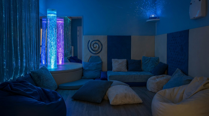 Ein gemütlicher Snoezelen-Raum mit gedimmtem, beruhigendem blauem Licht. Eine sanft leuchtende Wassersäule und bequeme, weiche Sitzkissen laden in einer ruhigen Umgebung zur tiefen Entspannung ein.