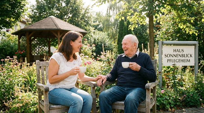 Eine erwachsene Tochter und ihr älterer Vater sitzen entspannt bei einer Tasse Kaffee in einem sonnigen, grünen Garten eines Pflegeheims und lächeln sich liebevoll an.