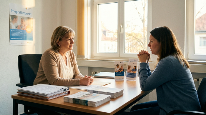 Ein helles Beratungsbüro eines Pflegestützpunktes. Eine empathische Beraterin spricht am Schreibtisch mit einer besorgten Tochter. Auf dem Tisch liegen übersichtliche Dokumente. Realistische, professionelle Szene mit warmem Tageslicht.
